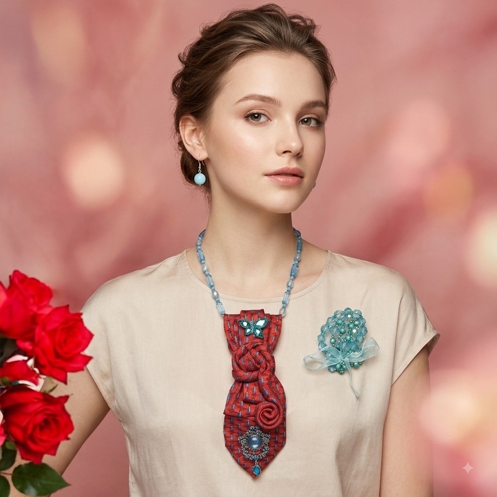 Tom James Royal Classic Silk Tie Necklace Set Brooch Bracelet Earrings Red Blue